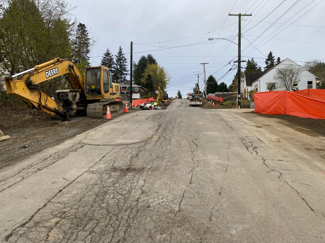 A view of 34th Avenue South looking south to 161st Street with construction equipment