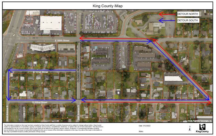 A map of SeaTac with a closure listed on 34th Avenue South between South 160th Street and South 162nd Street.